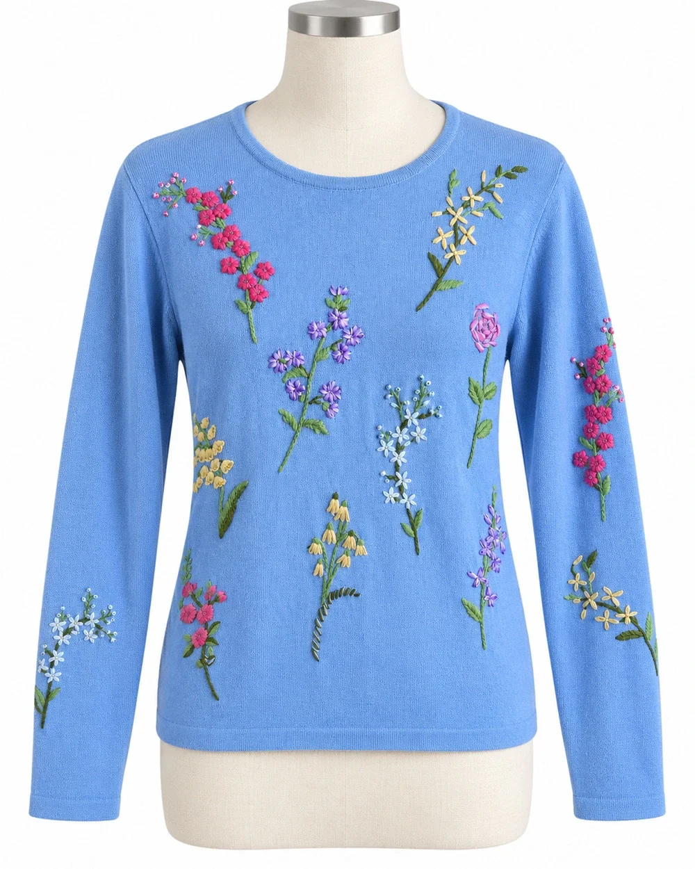 The Quacker Factory Women S Blue Floral Embroidered Long Sleeve Knit Sweater